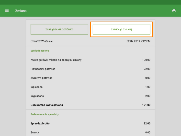 menu „Zmiana” i naciśnij „Zamknij zmianę”