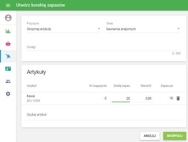 pola 'Dodaj zapas' i 'Koszt' dla każdego artykułu