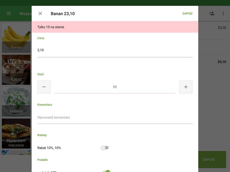 artykułu dodanego do paragonu