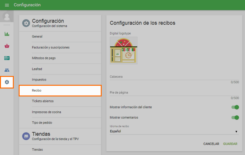 'Recibos' desde el menú de 'Configuración'
