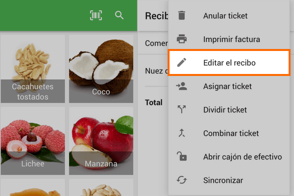 pulsando en el botón "Editar el recibo" en el menú