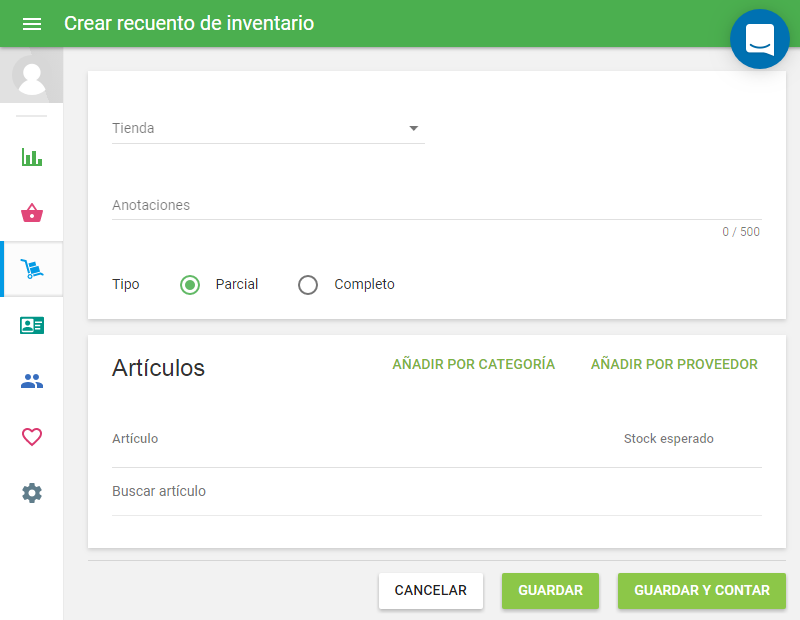 The form ‘Create inventory count’