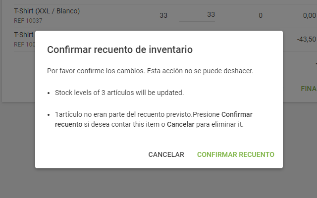 ‘Confirm inventory count’ window