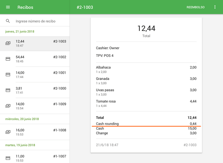 El recibo contiene información acerca de redondeo