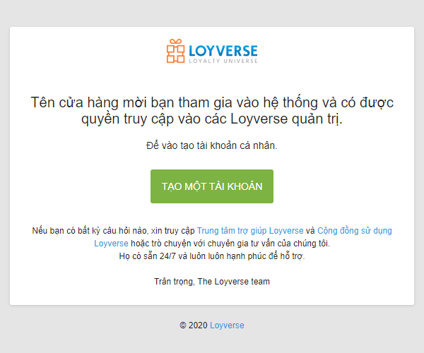 Email với một lời mời để có được quyền truy cập vào 'Quản trị'