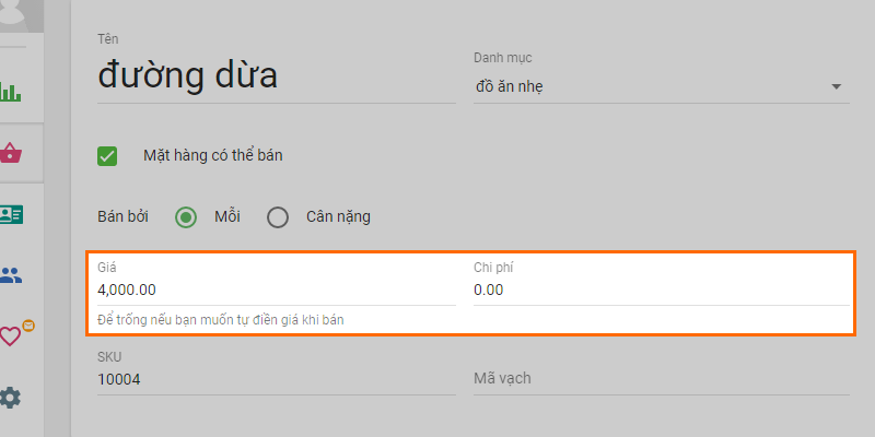 ‘Create item’ form Price