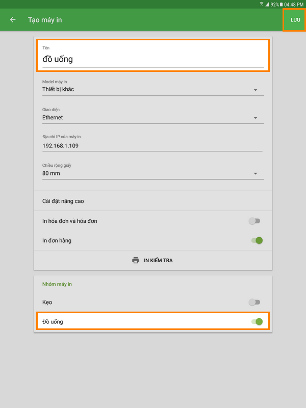 thiết lập máy in cho đồ uống