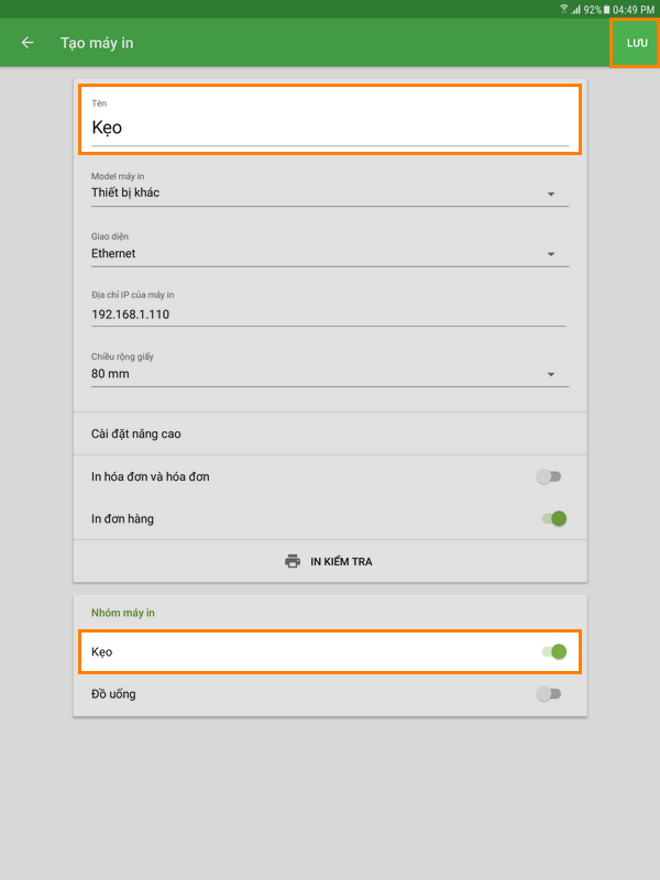thiết lập máy in kẹo