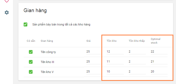 ‘In stock’ and ‘Low stock’ fields