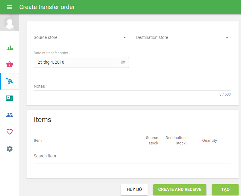 form ‘Create transfer order’