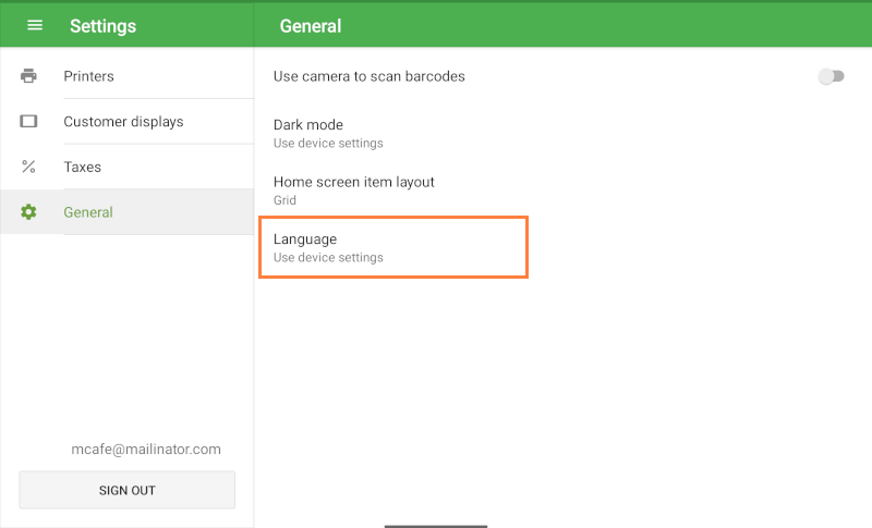 In the General section, click on the Language line.
