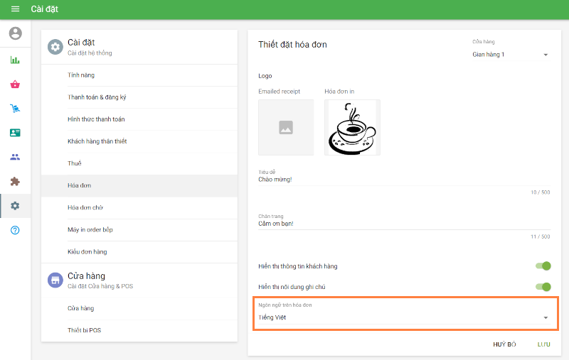 Chọn ngôn ngữ mong muốn cho hóa đơn của từng cửa hàng