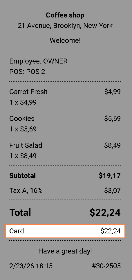 payment type on the customer receipt
