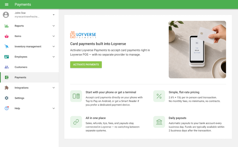 Payments in menu