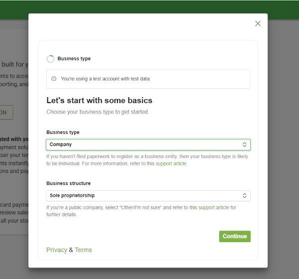 Business Type in the creation account form