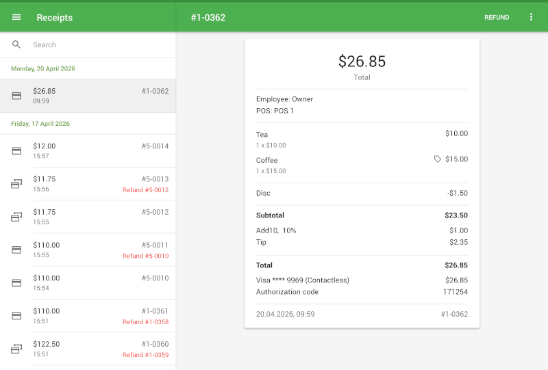 Receipts menu