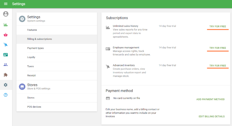 ‘Try for free’ button for Unlimited Sales History, Employee Management, or Advanced Inventory