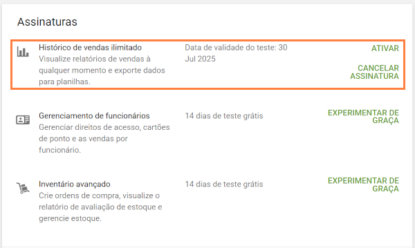Durante o período de teste, a data de validade será exibida no Back Office