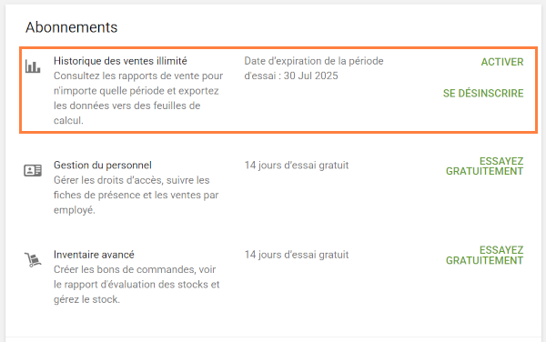 Pendant la période d'essai, la date d'expiration sera affichée dans le Back Office