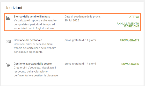 Durante il periodo di prova, la data di scadenza sarà visualizzata nel Back Office