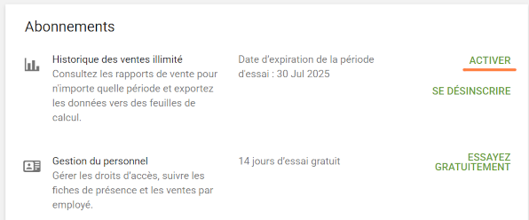 Cliquez sur «Activer» pour le service désiré