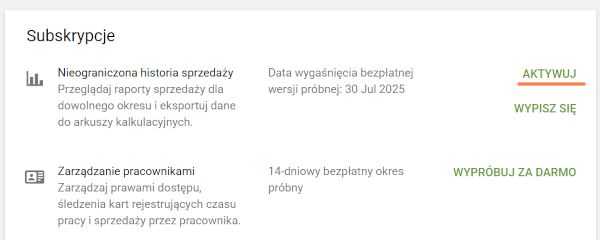 Kliknij „Aktywuj” przy wybranej usłudze