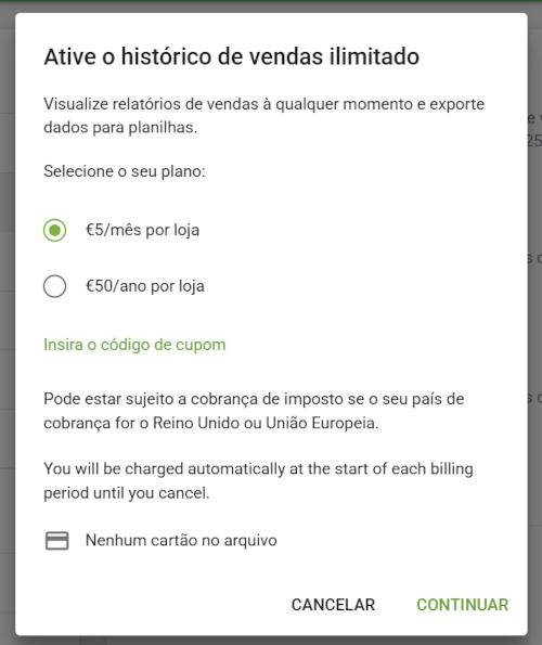 Escolha seu plano na janela pop-up