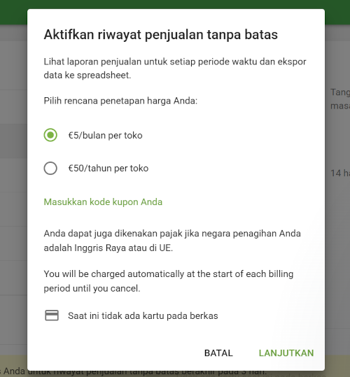 Pilih paket harga Anda di jendela pop-up dan klik 'Lanjutkan