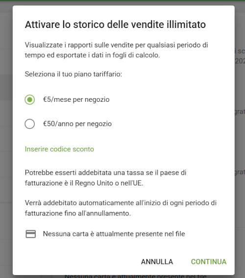 Scegli il tuo piano tariffario nella finestra