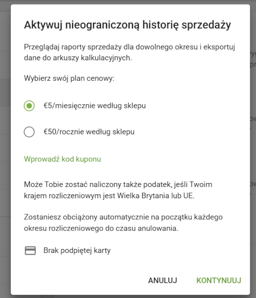 Wybierz swój plan cenowy w oknie podręcznym