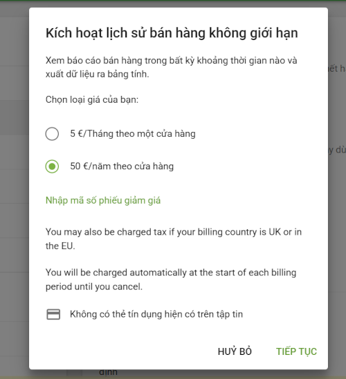 Chọn gói giá trong cửa sổ bật lên