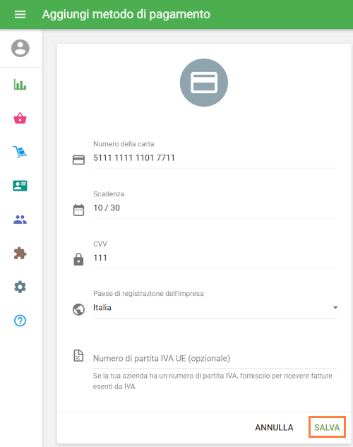 Inserisci i dati della tua carta nei campi richiesti