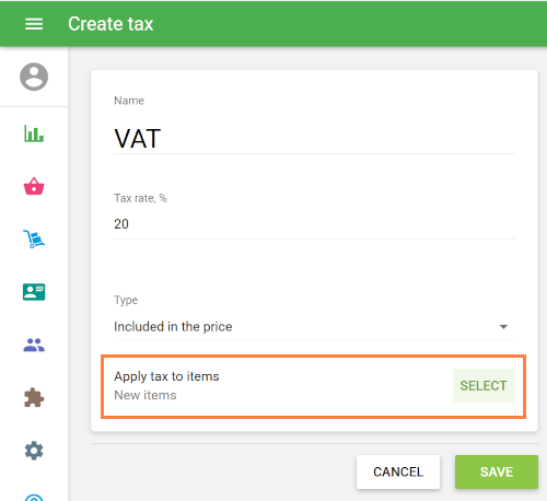 ‘Select’ button at the ‘Apply tax to items’