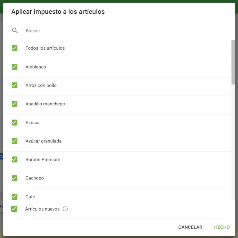 la ventana Aplicar impuestos a los artículos