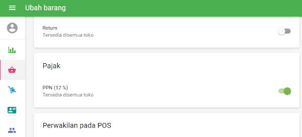 Anda juga dapat mengaktifkan atau menonaktifkan pajak untuk barang tertentu dengan menyunting kartu barang