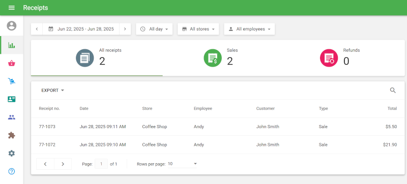list of receipts linked to the customer