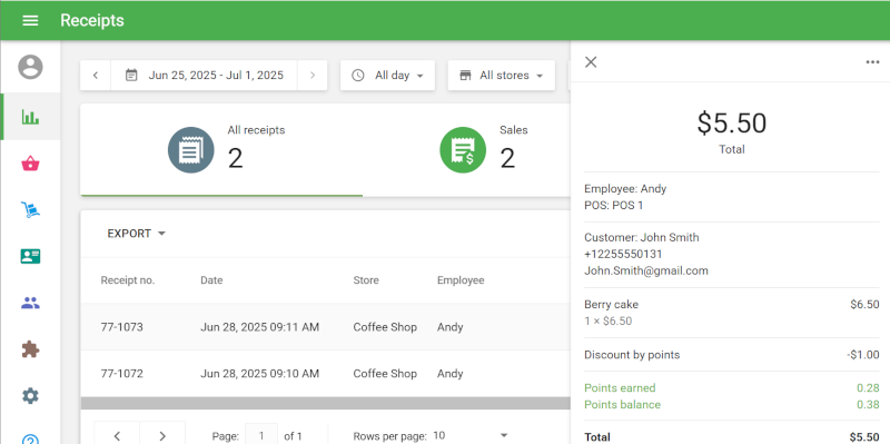 receipt details on the right-hand panel