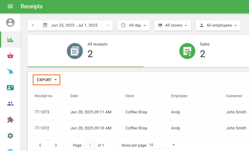 Export button in the receipts list