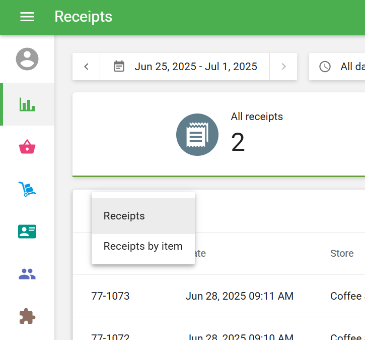 Receipts or Receipts by Item selector