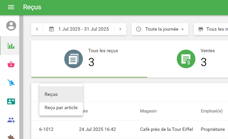 Choisissez Reçus ou Reçus par article