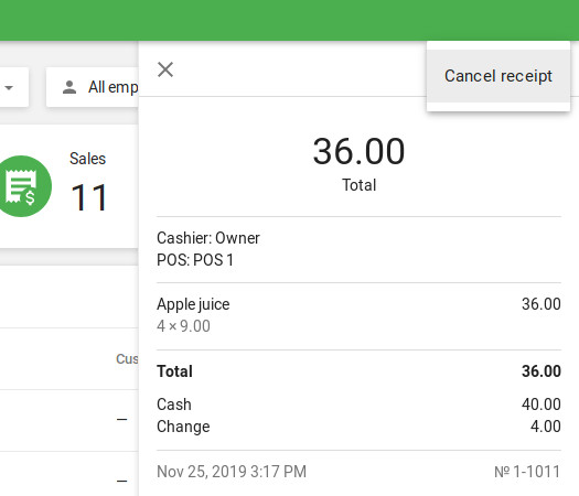 the “Cancel receipt” button