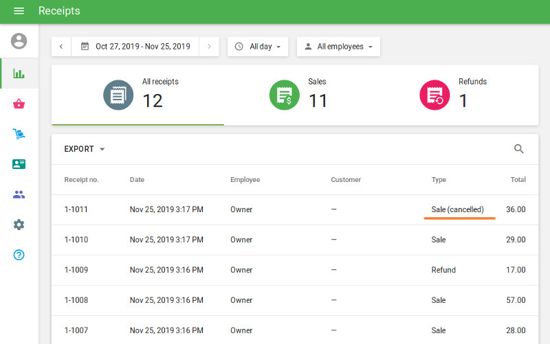 cancelled receipt in the receipts list
