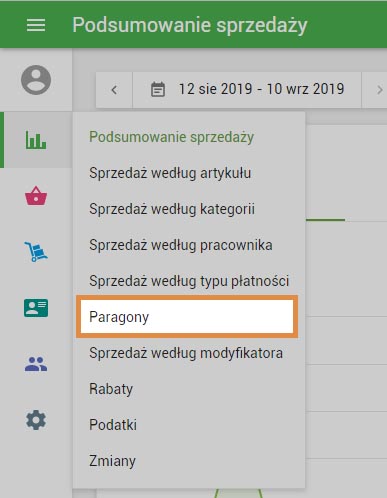 sekcia „Paragony” w menu „Raporty”