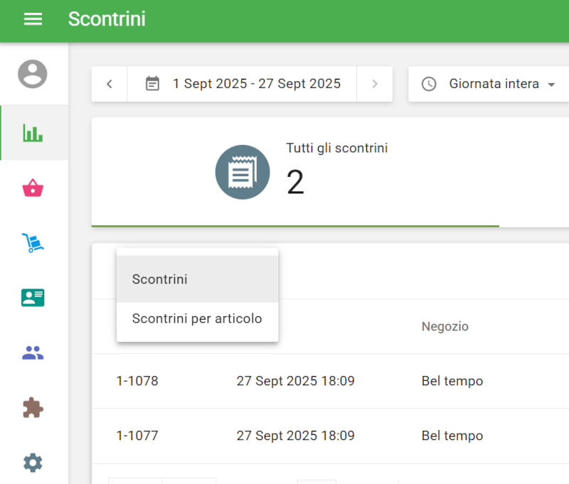 seleziona Ricevute o 'icevute per articolo
