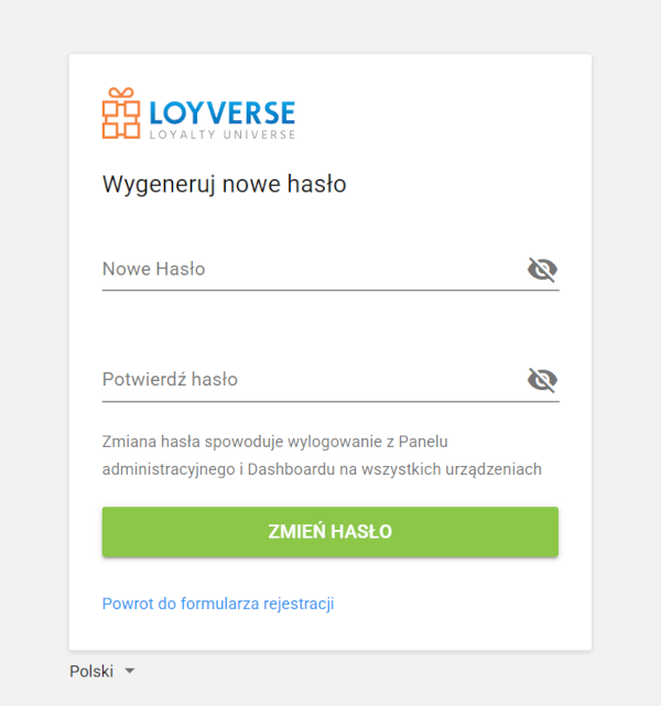 Na stronie resetowania hasła wpisz nowe hasło dwukrotnie i kliknij „Zmień hasło”, aby potwierdzić