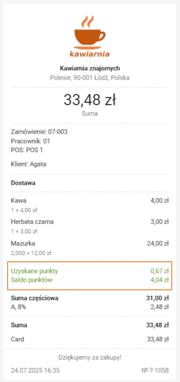 Klienci mogą sprawdzić liczbę zgromadzonych punktów na wydrukowanych lub przesłanych e-mailem paragonach.