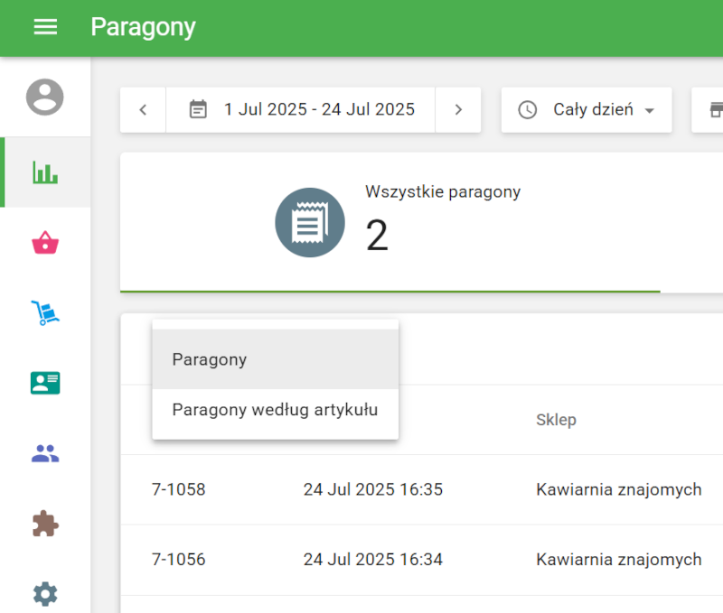 opcję Paragony, Paragony według pozycji