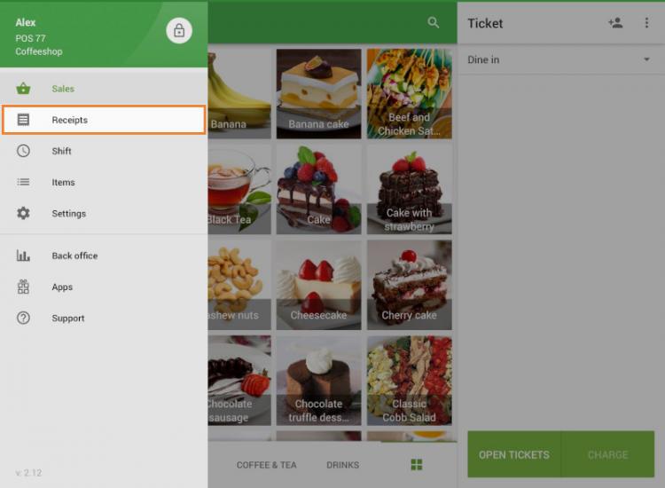Receipts menu