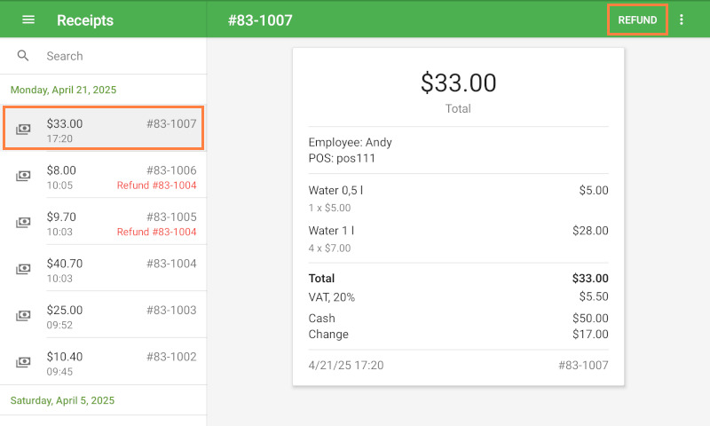 Selection of the receipt for refund
