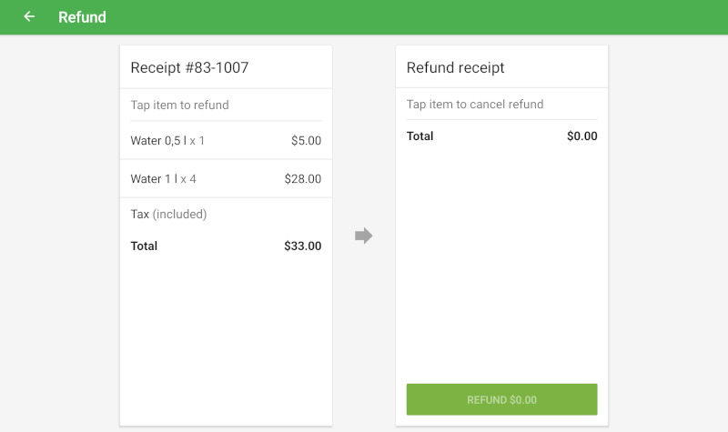 Refund Receipt screen